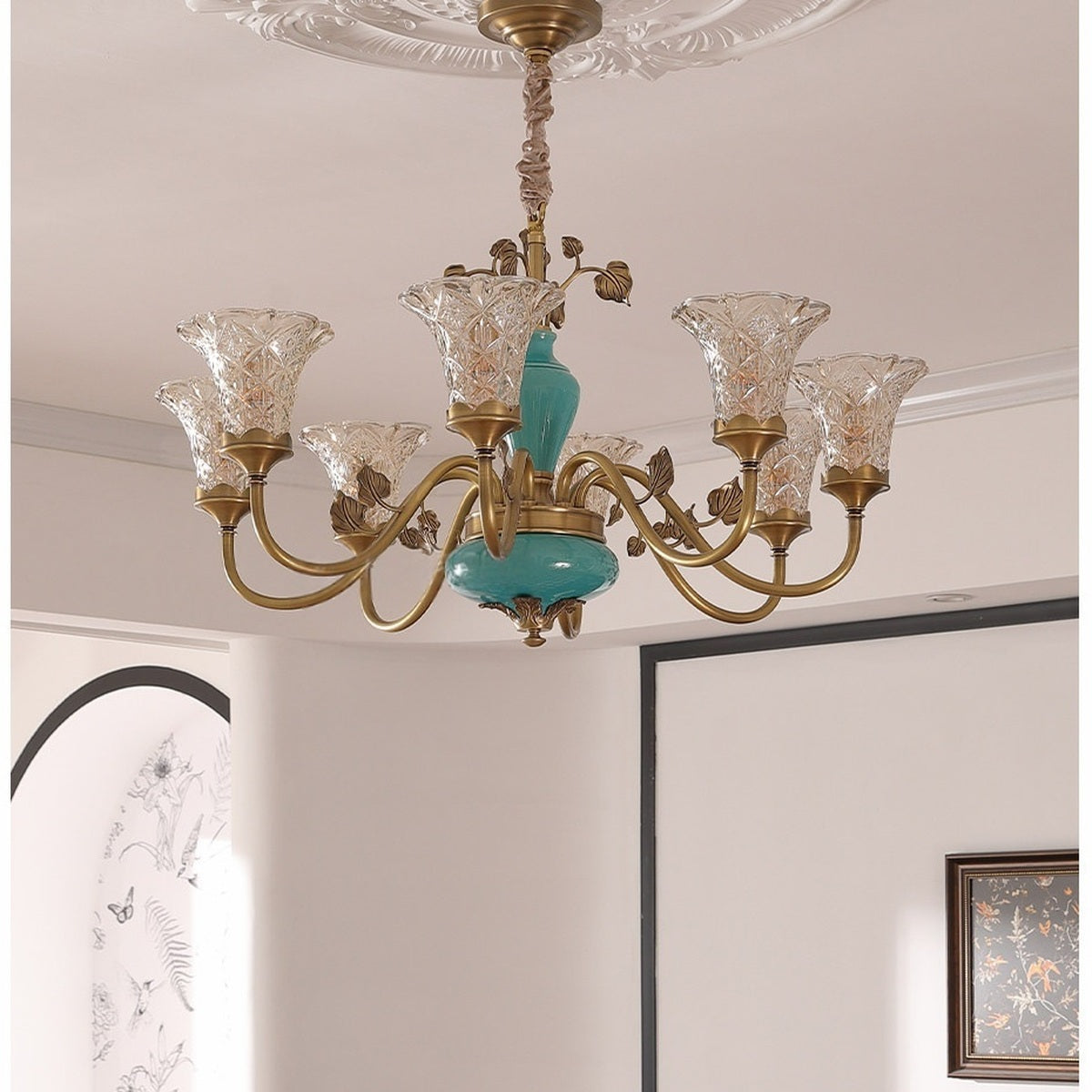 Turquoise Blue Ceramic Brass Chandelier